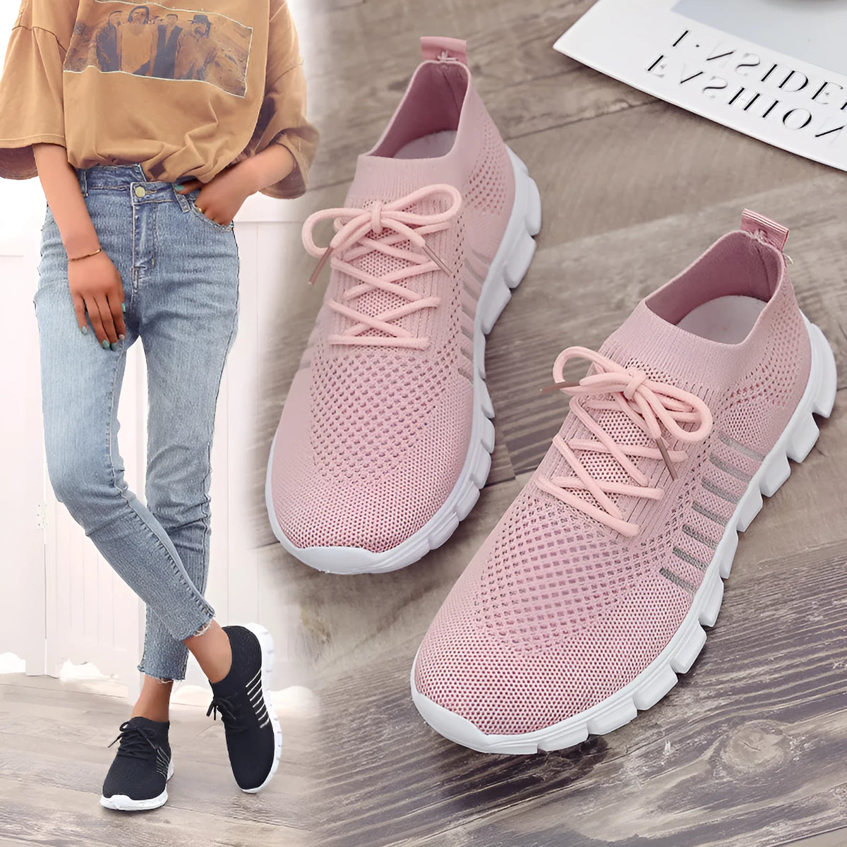 Breathable women's flying knit flat shoes in beige with mesh upper, round toe, low heel, and front tie closure.