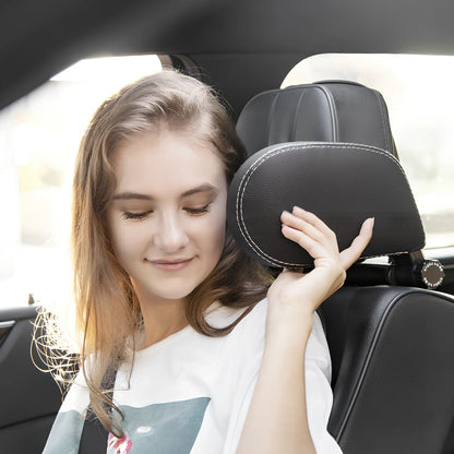 Adjustable car headrest pillow with 36cm bracket and 14cm rotating PU leather cushion