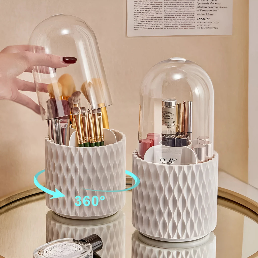 White rotating acrylic makeup brush holder with transparent dust cover showing brush compartments
