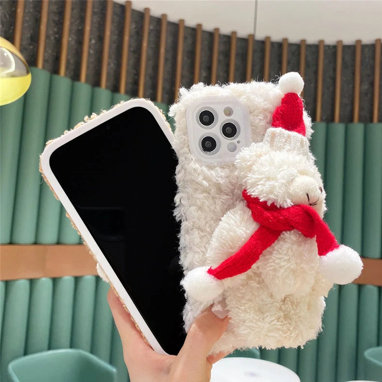 White and brown Christmas bear plush iPhone case showing TPU construction and precise cutouts