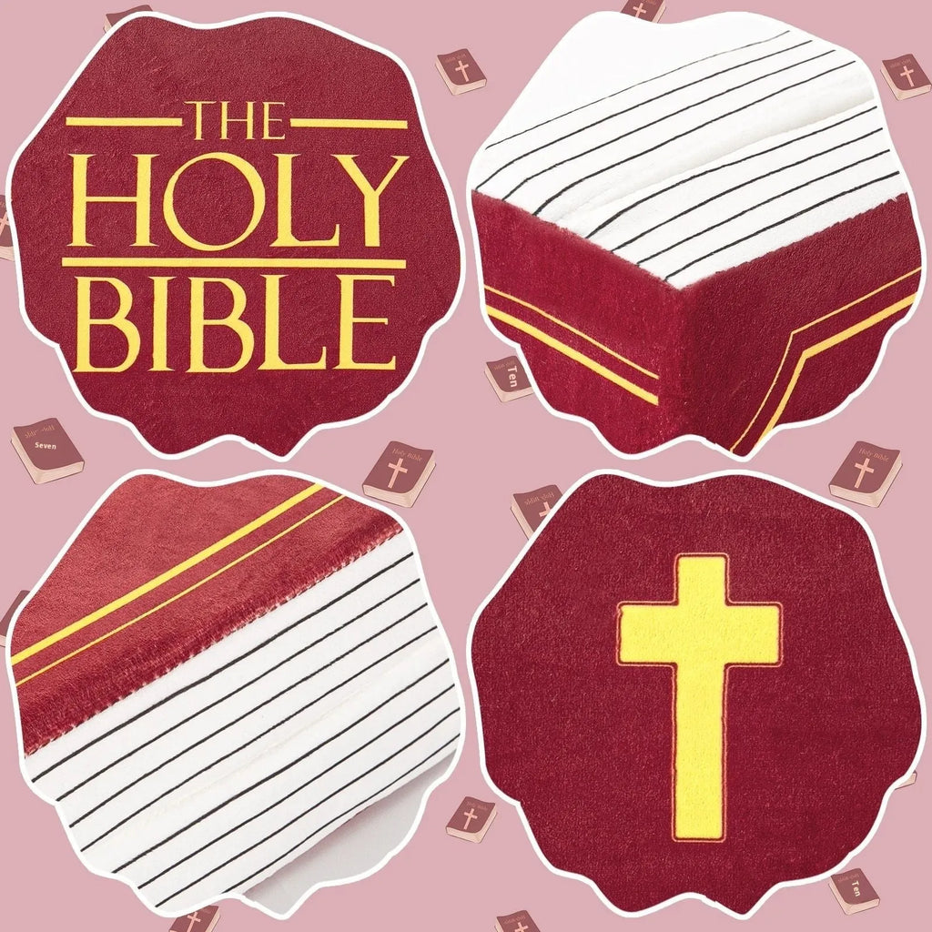 Solid-colour Christmas bible plush toy doll pillow on a chair.