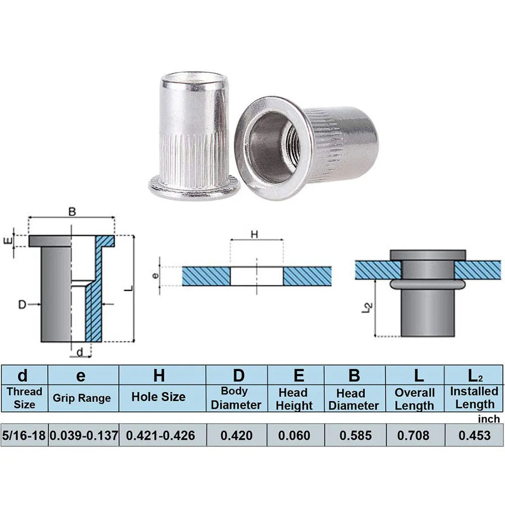 304 stainless steel flat head threaded rivet nut kit with 5/16-18 UNC thread, 0.4in body diameter, 1.5cm head, and 0.75in length
