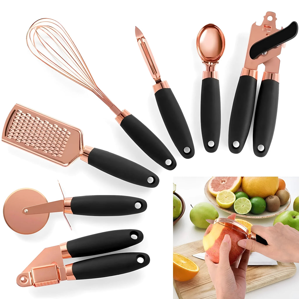 Stainless steel 7-piece kitchen gadget set with bottle openers and can openers in modern minimalist design
