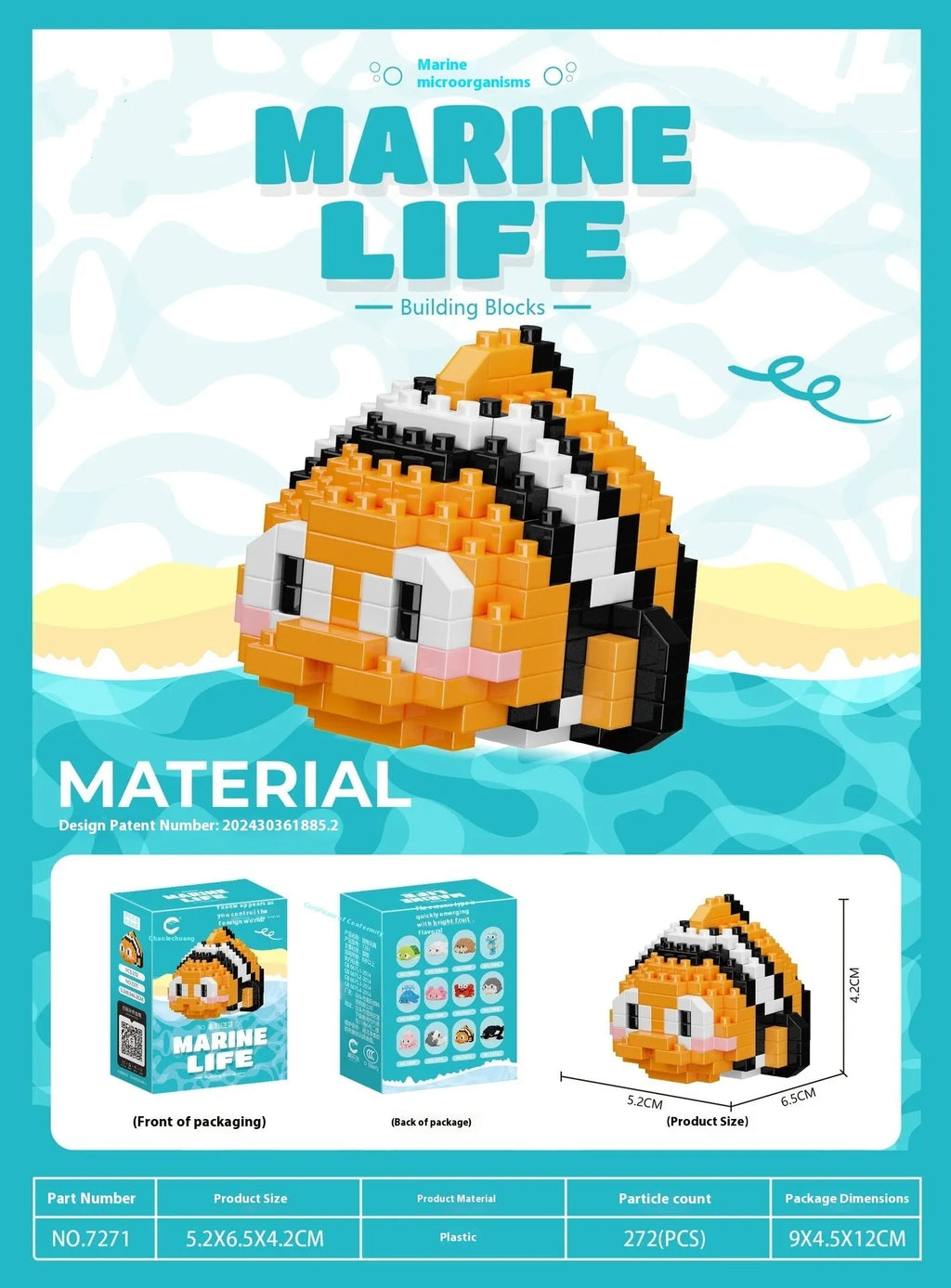 Twelve marine small creature building block models in a colour box including turtle, blue whale, and clownfish.