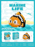 Twelve marine small creature building block models in a colour box including turtle, blue whale, and clownfish.