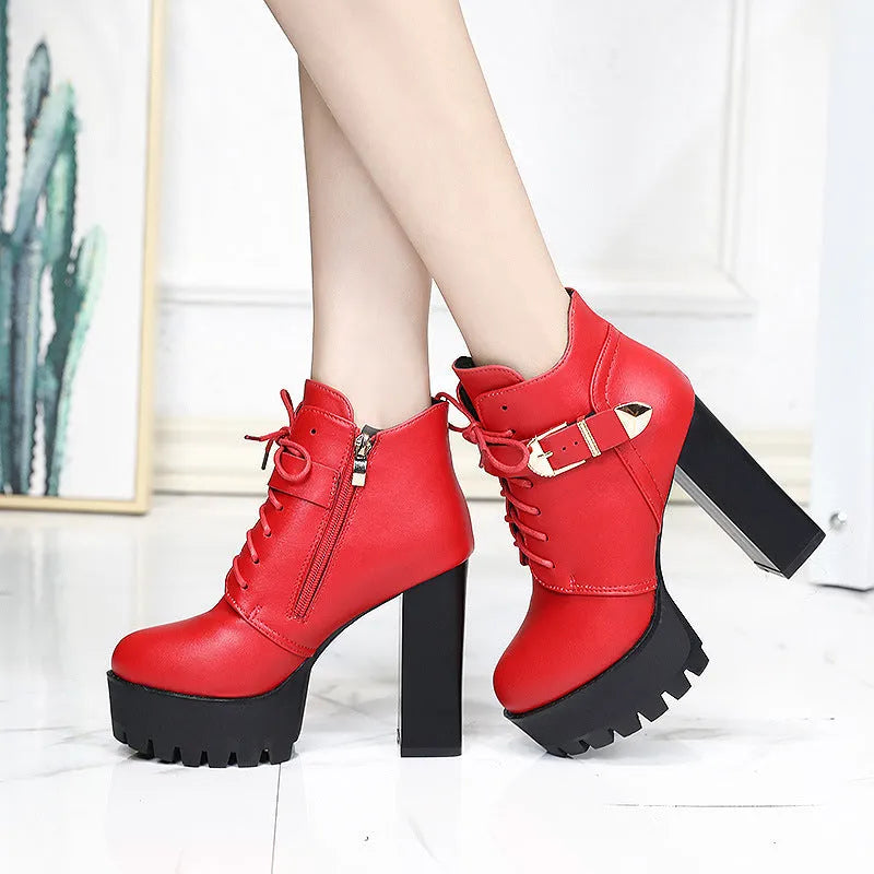 New British Style chunky heel waterproof platform high heels in black, tip toe, back zipper