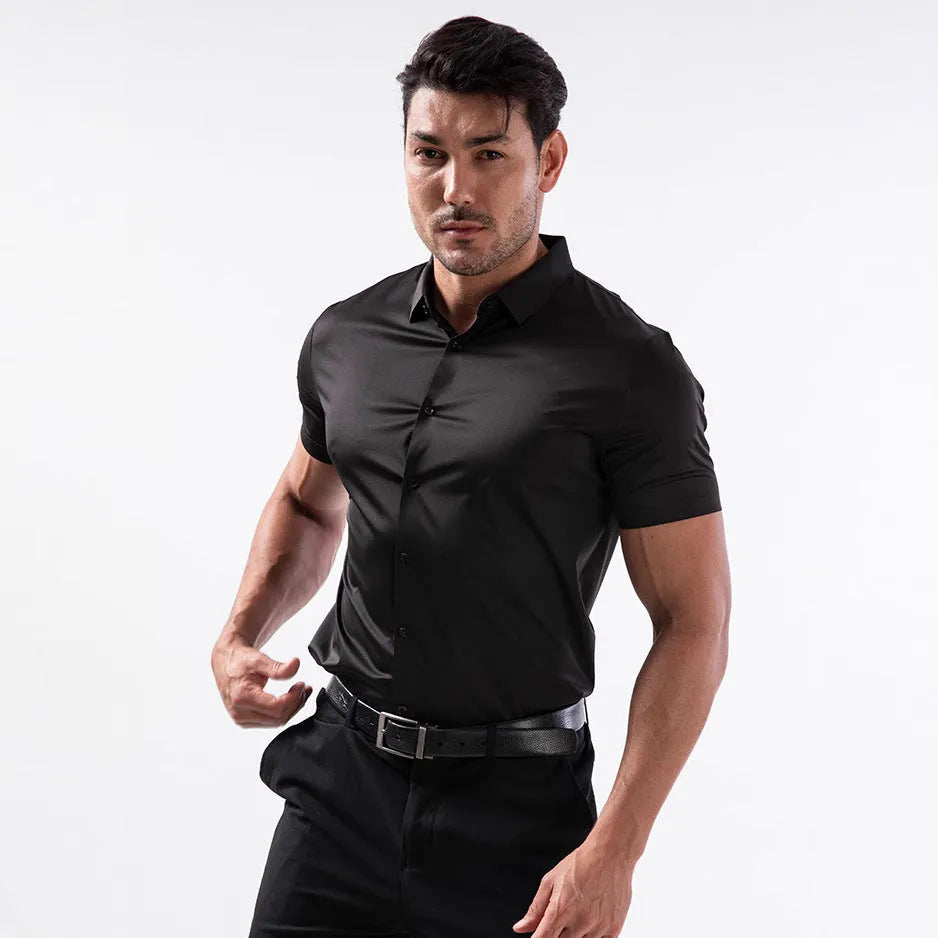 Men's short sleeve elastic spandex shirt in cardigan style, non-ironing, shown in multiple colours.