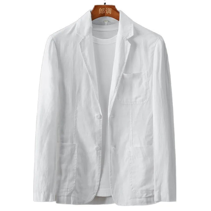 Men's slim fit linen suit jacket in solid colour with nine-point sleeves