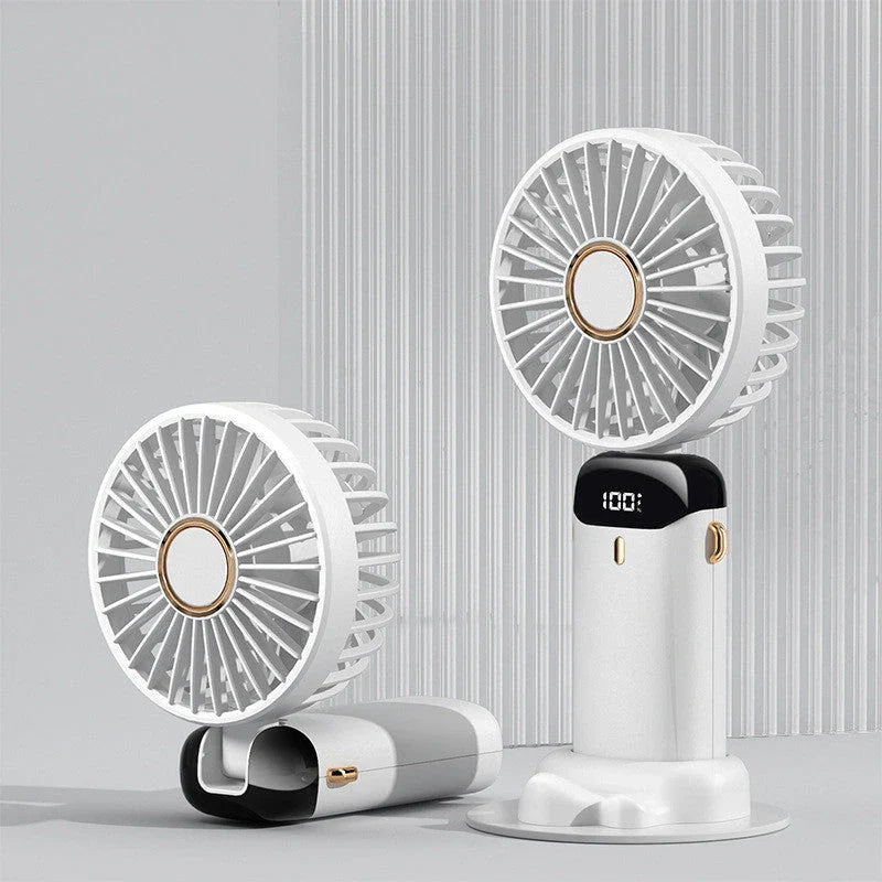 A portable USB-powered handheld fan with a sleek design, adjustable airflow, and long-lasting battery life.