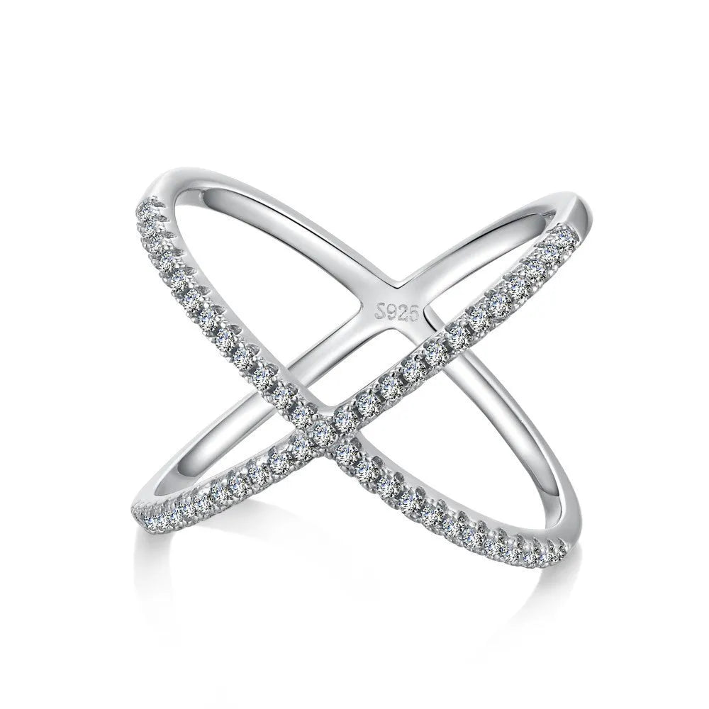 Zircon inlaid cross S925 sterling silver ring for women in silver colour on white background
