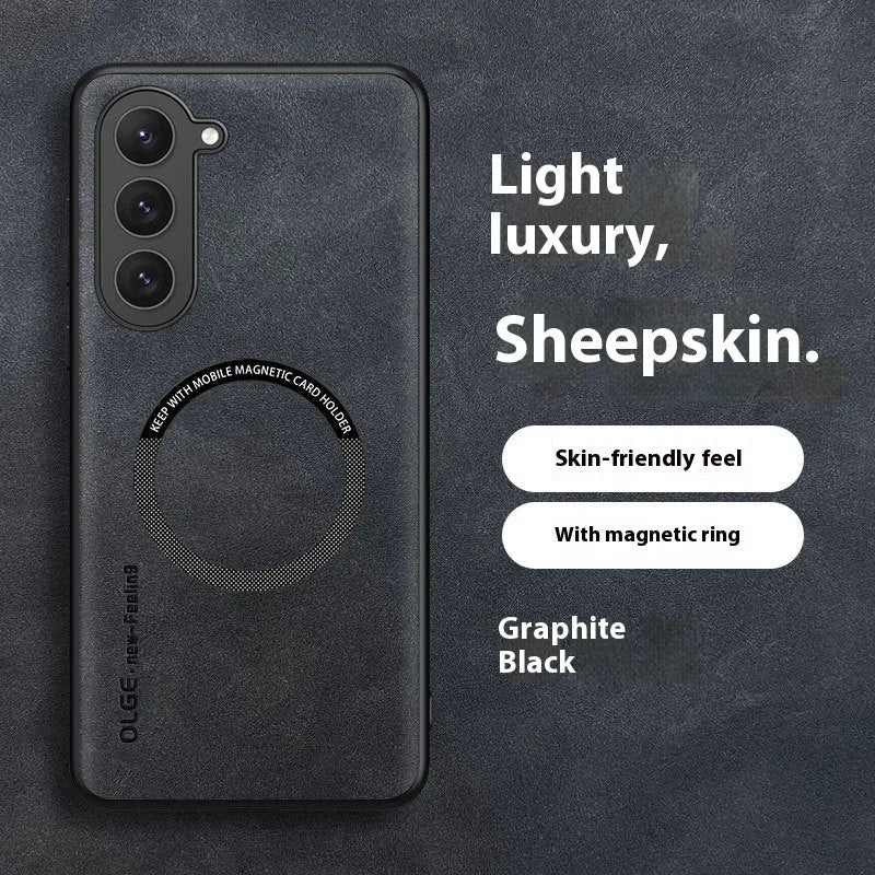 Samsung Galaxy phone case in graphite black with magnetic ring and imitation leather finish