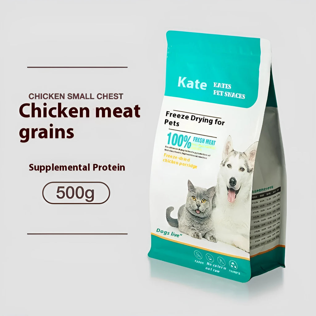500g bag or barrel of freeze-dried chicken nugget cat treats on a plain background