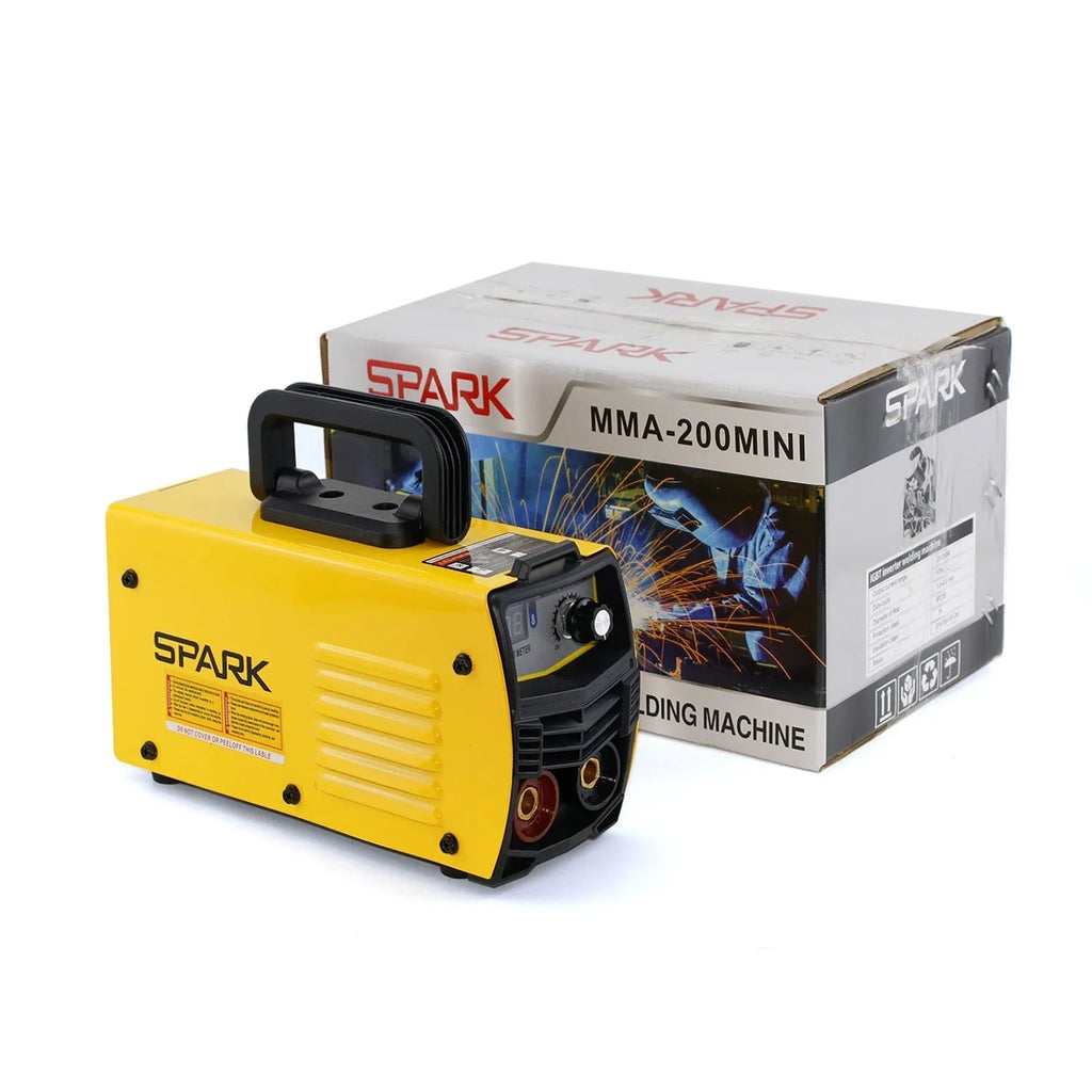 MMA-200MIN 220V inverter DC welding machine with welding tongs and face shield on a workbench.