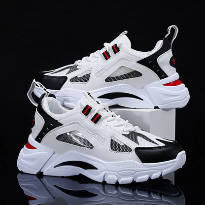 Men's white non-slip sneakers for walking and running, available in black, black red, and white blue