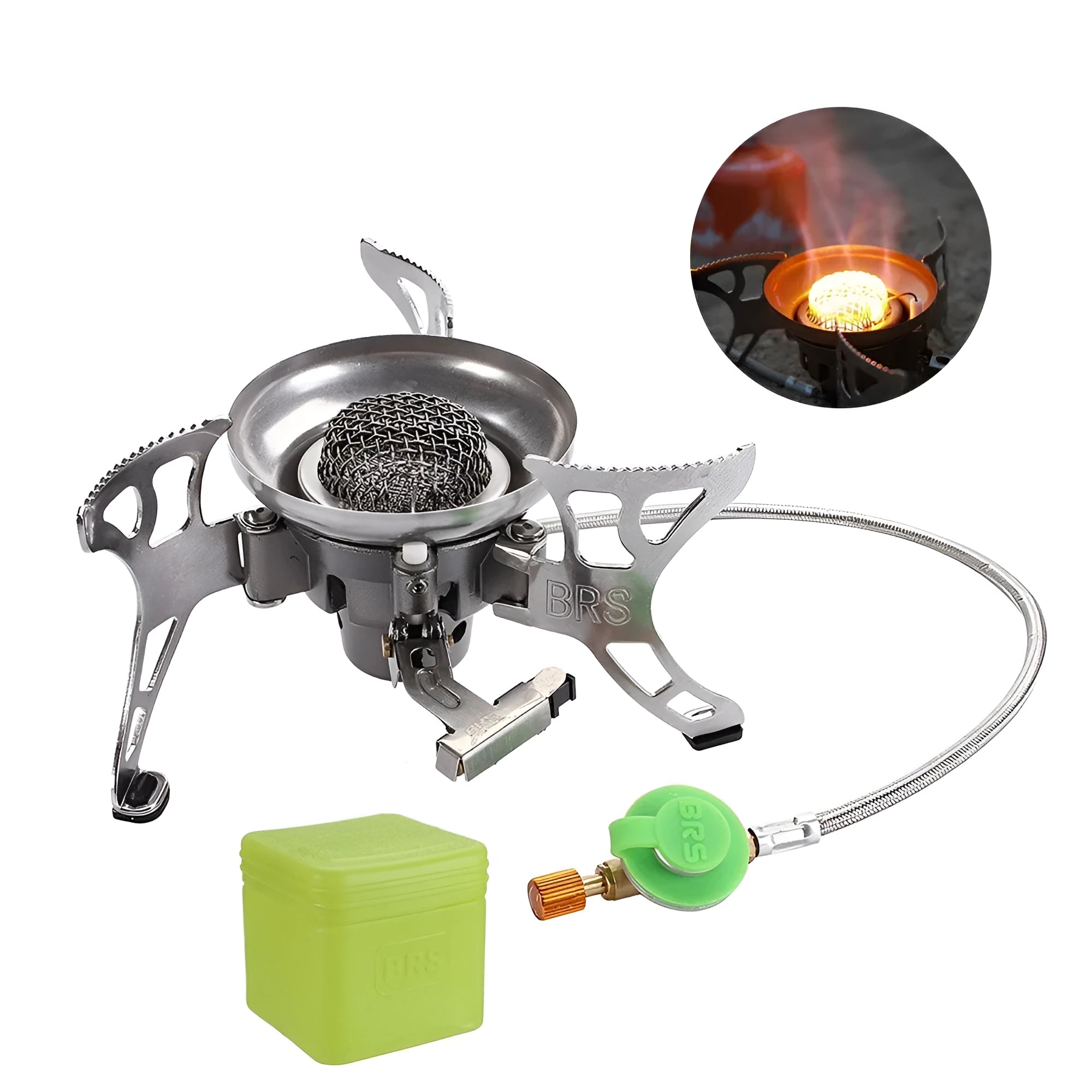 BRS-15 silver windproof outdoor camping stove with butane gas burner, expanded size 186x86mm
