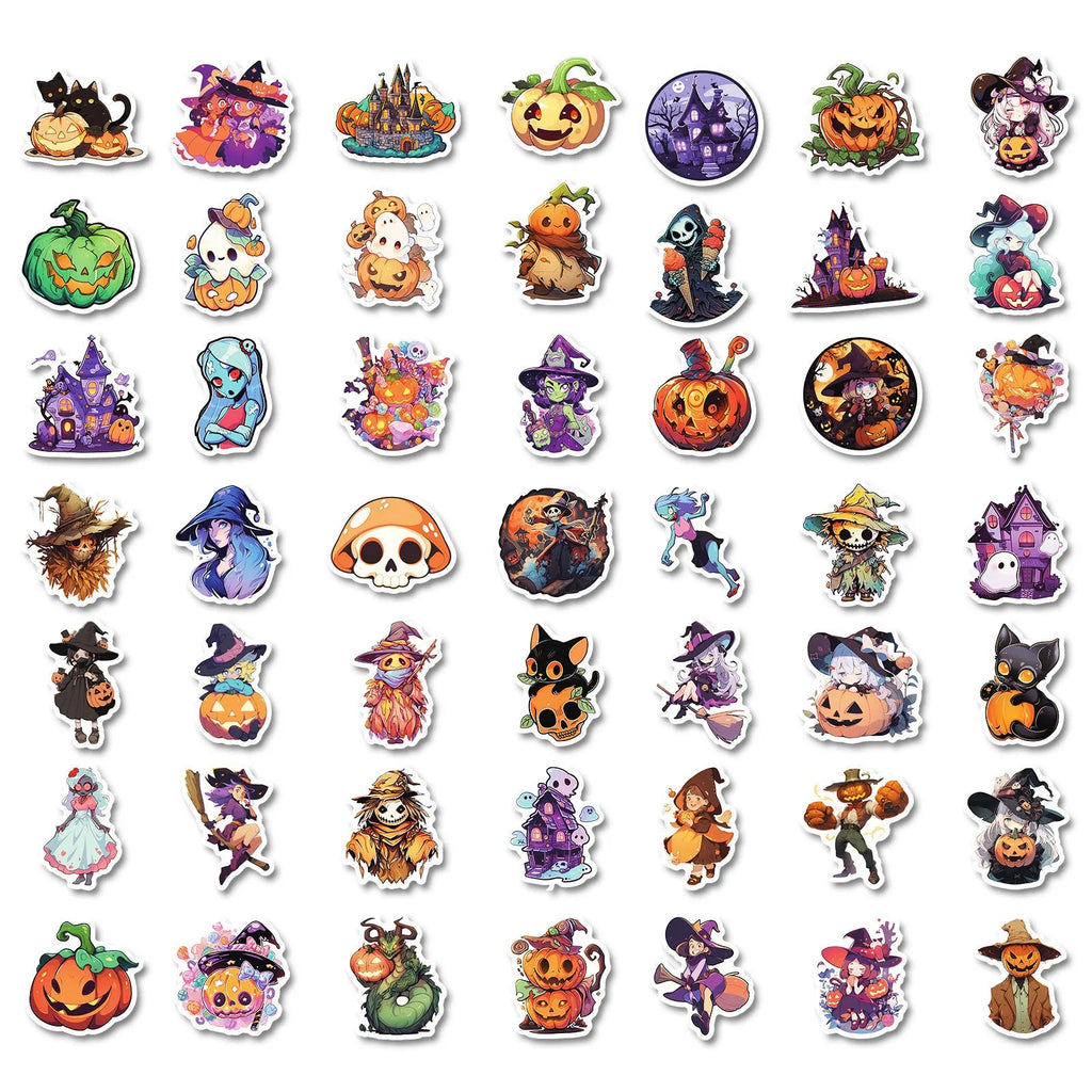 300 Halloween stickers with cartoon pumpkin, witch, and ghost graffiti designs on a white background