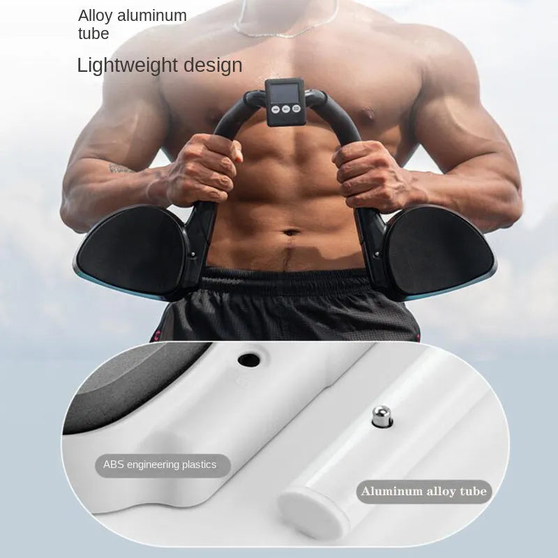 Grey push up fitness board with flat support trainer and LCD display on a floor