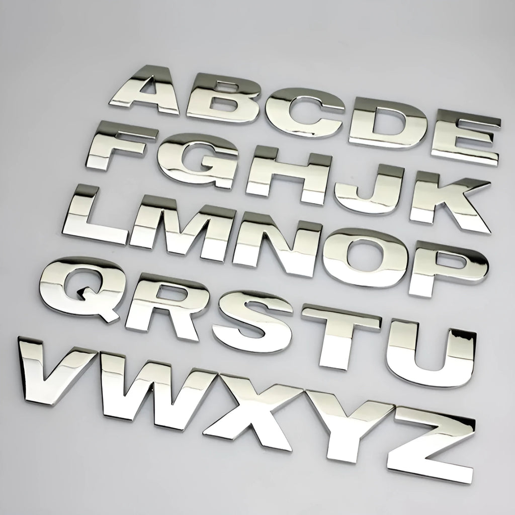 Metal zinc alloy 3D car letter stickers showing black and silver alphabet characters