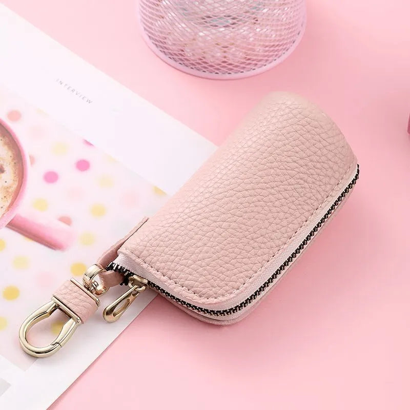 Men's black waterproof pu leather zipper key ring with key case showing expansion storage