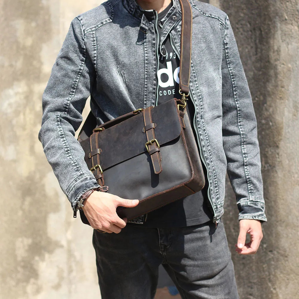 Coffee colour first layer cowhide leather backpack briefcase with double straps and zipper closure