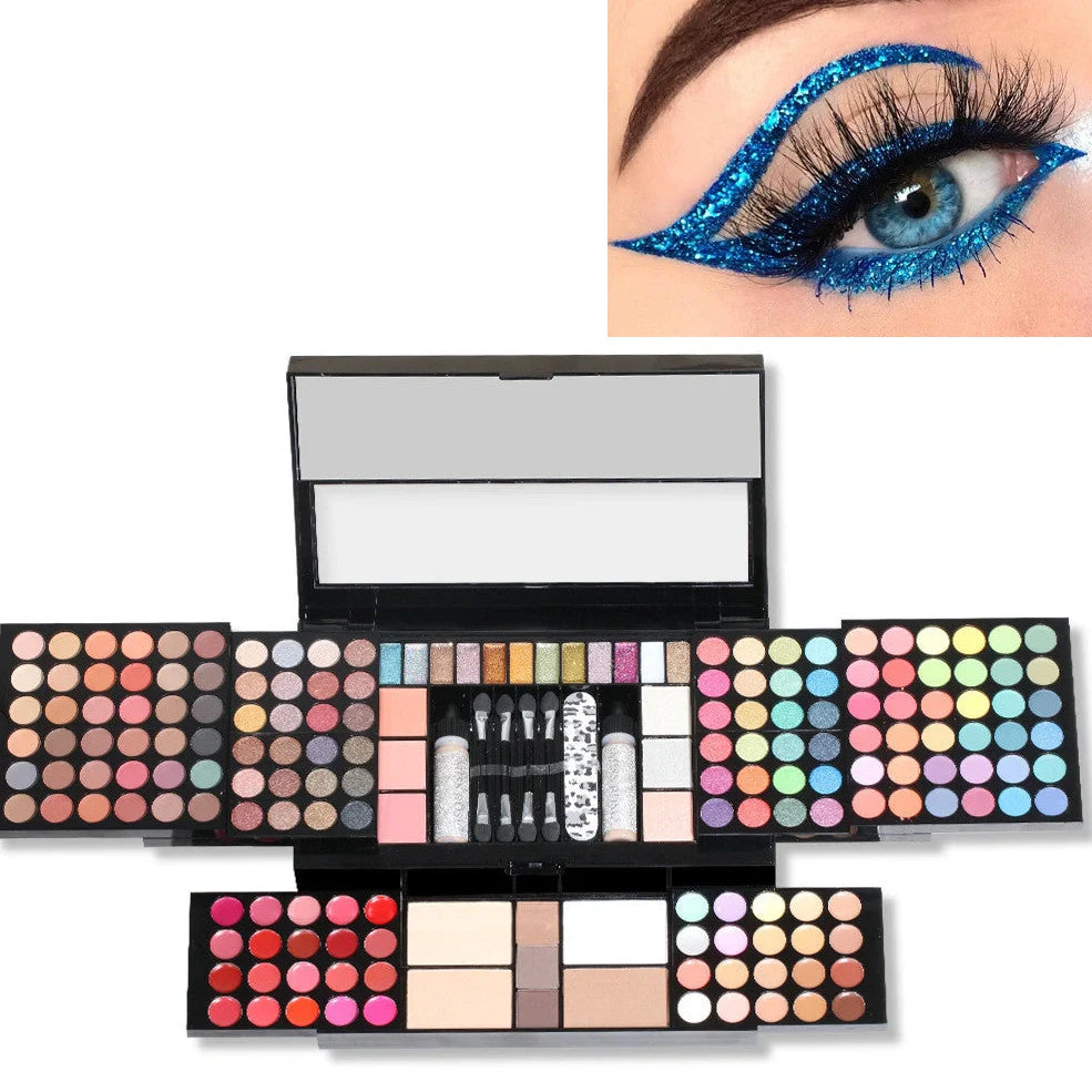120 colour matte eyeshadow palette showing pink, purple, brown, and blue shades in organised case