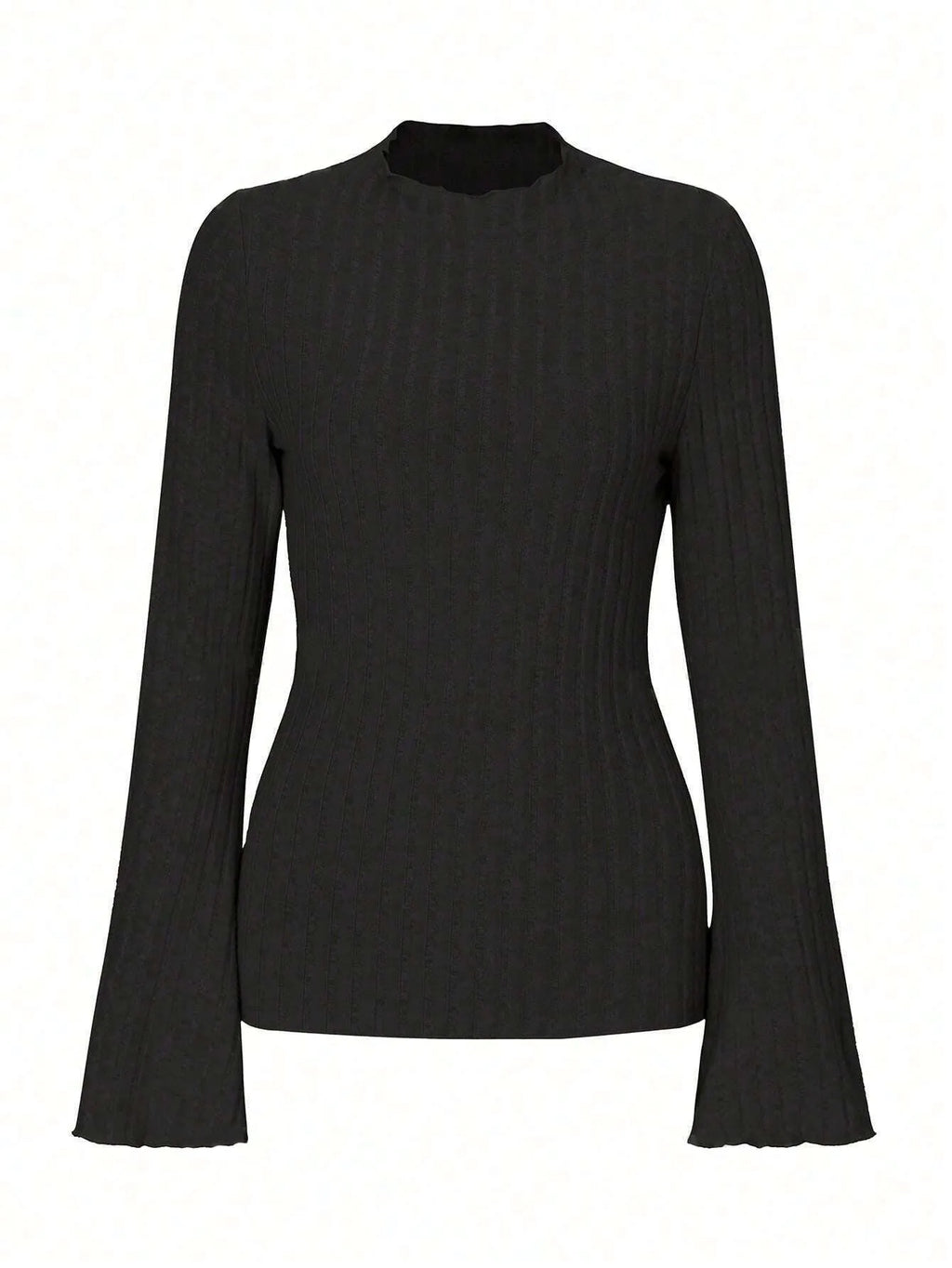 Man wearing a black slim-fit long sleeve top with lantern sleeves and a subtle stripe pattern.
