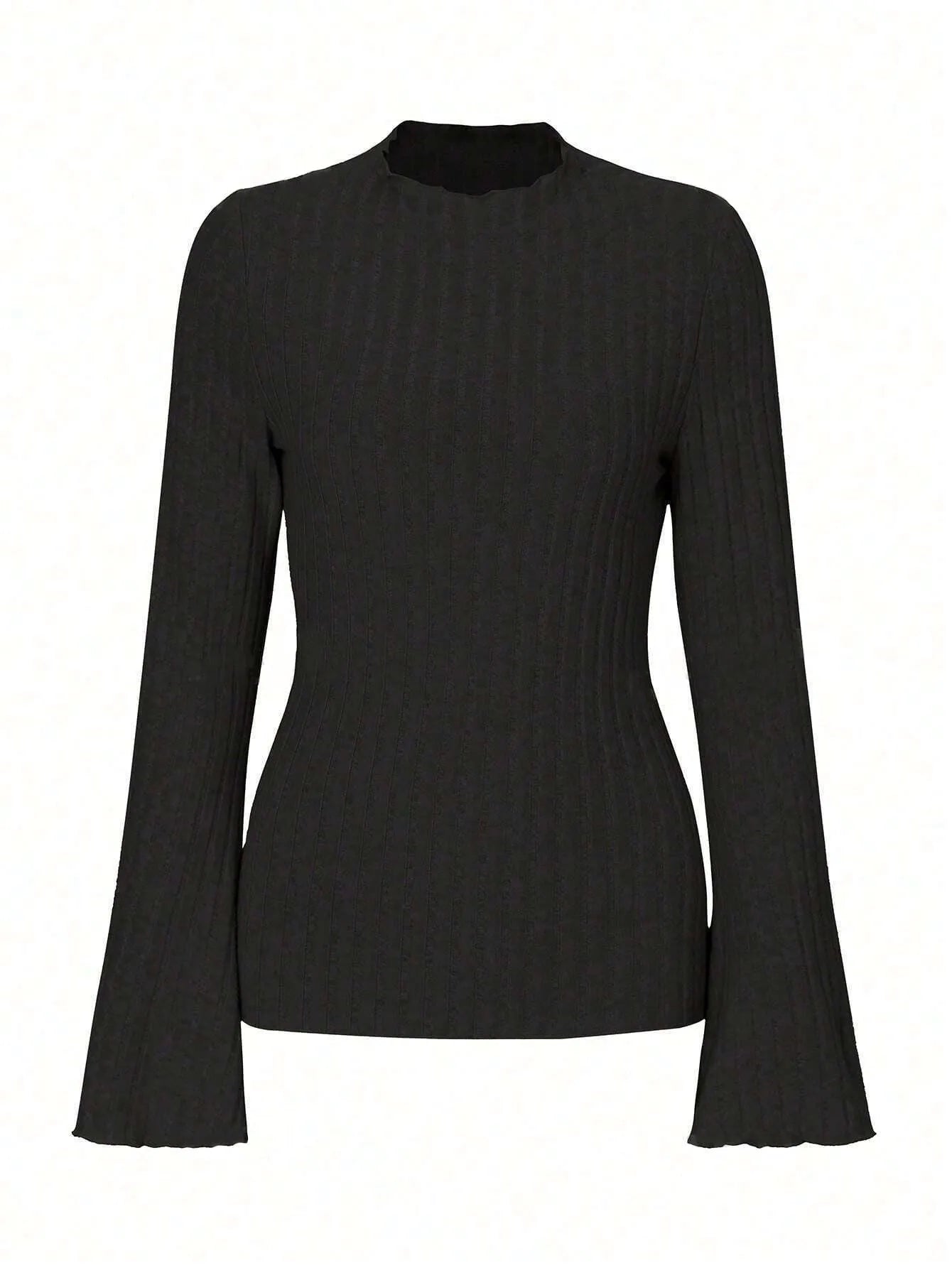 Man wearing a black slim-fit long sleeve top with lantern sleeves and a subtle stripe pattern.