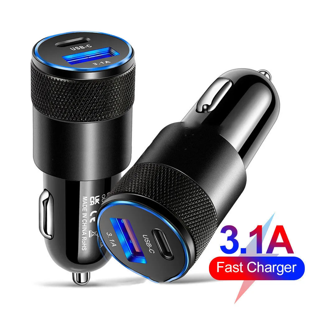 Aluminium alloy dual USB car charger with compact 2.5x6cm dimensions