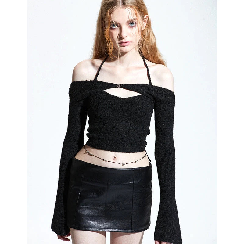 Off-shoulder knitted sweater for women in black, blue, and apricot