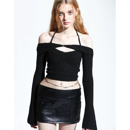 Off-shoulder knitted sweater for women in black, blue, and apricot