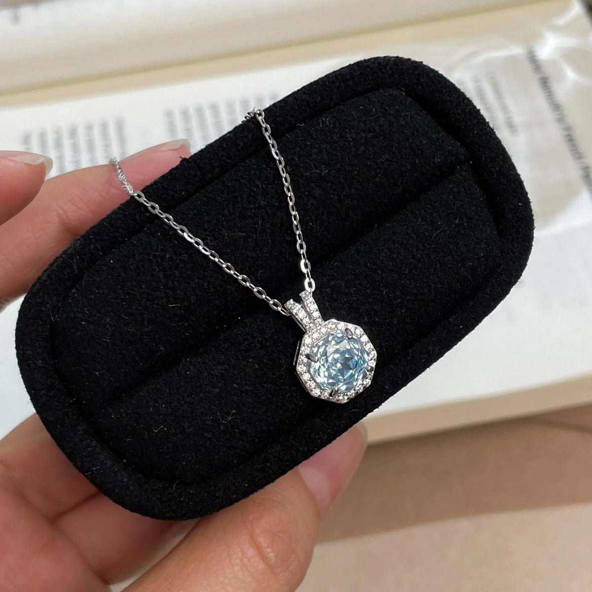 925 silver octagonal rose cut zircon collarbone chain necklace on model, platinum-white electroplated finish