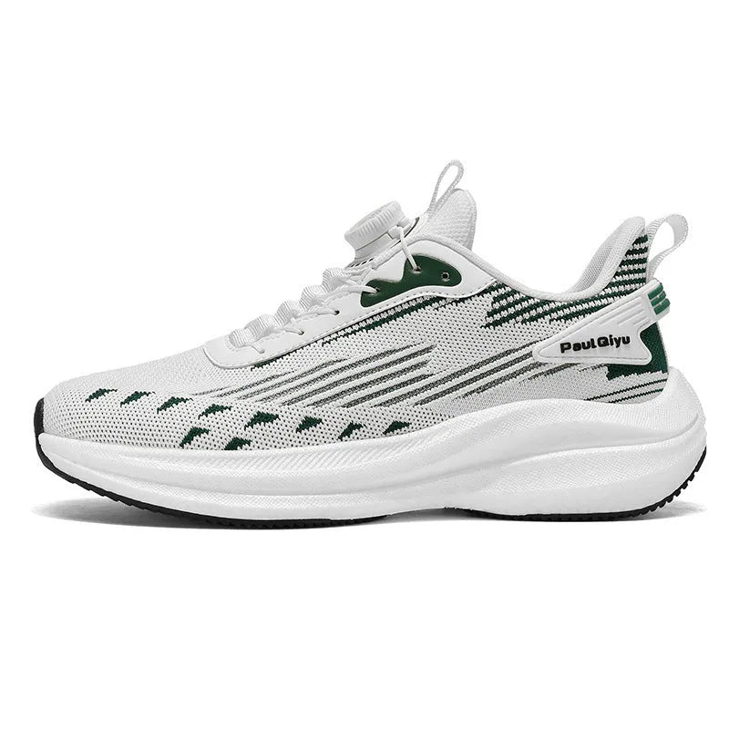 Men's white-green and grey fly-kit mesh running shoes with a rotating buckle lace-up and flat heel