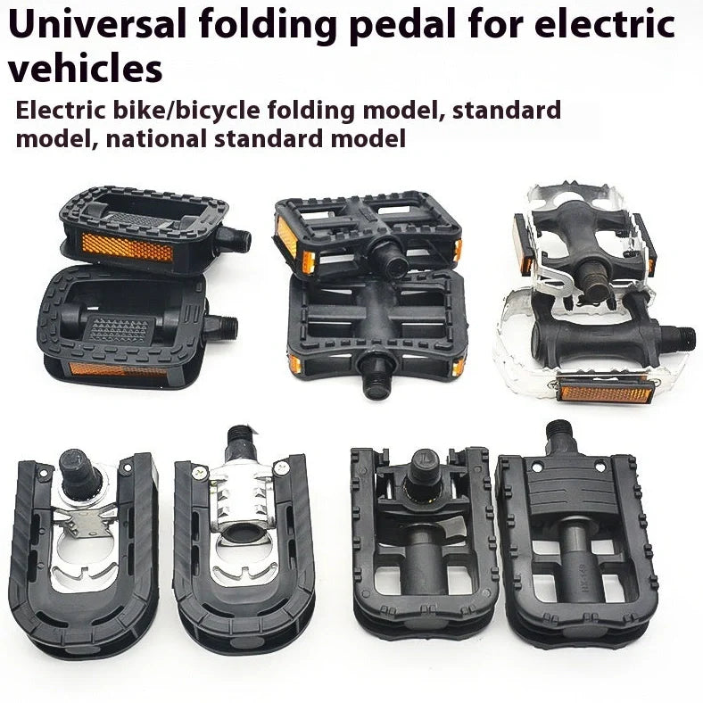 Aluminium alloy folding bike pedals showing extended and folded positions with colour pairing options