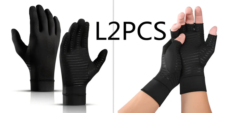 Black full-finger arthritis pressure gloves with silicone grip, sizes S M L for hand pain relief and circulation