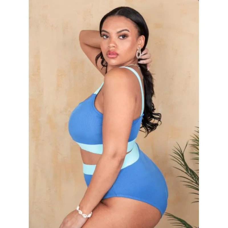 Women's solid colour polyester bikini set with high waist briefs and decorative stitching.