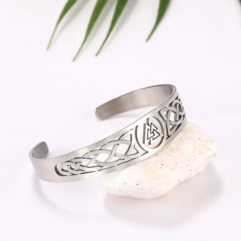 Handcrafted stainless steel Valknut and Celtic design bracelet in silver, black, and gold finishes