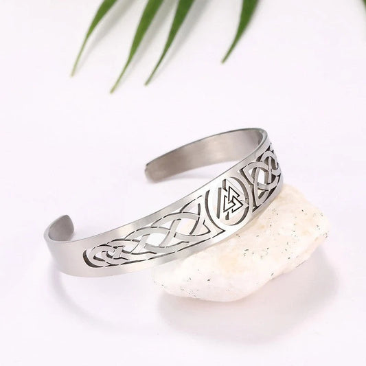 Handcrafted stainless steel Valknut and Celtic design bracelet in silver, black, and gold finishes