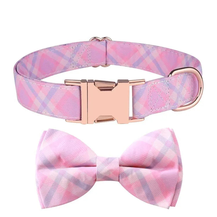 Polyester pet collar with rose gold metal buckle and attached decorative bow in cherry blossom blue colour