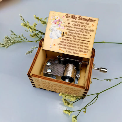 Antique boxwood music box with hand crank and yin carved Spirited Away landscape flowers, 10 cm tall wooden decoration