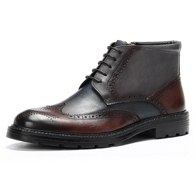 Men's curry blue leather brogue boots with decorative stitching and front lacing on a low square heel.