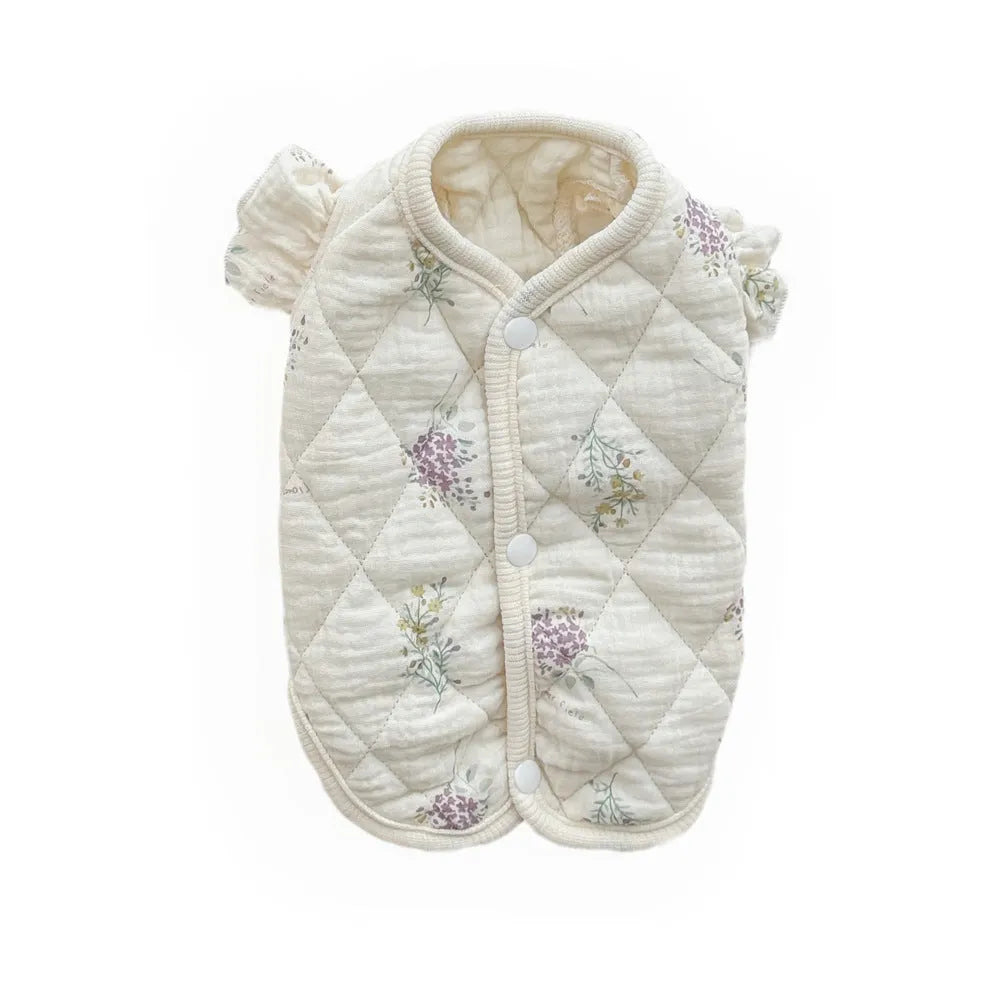 Cotton-padded pet jacket in Chinese ink style vest on a small dog indoors, size S