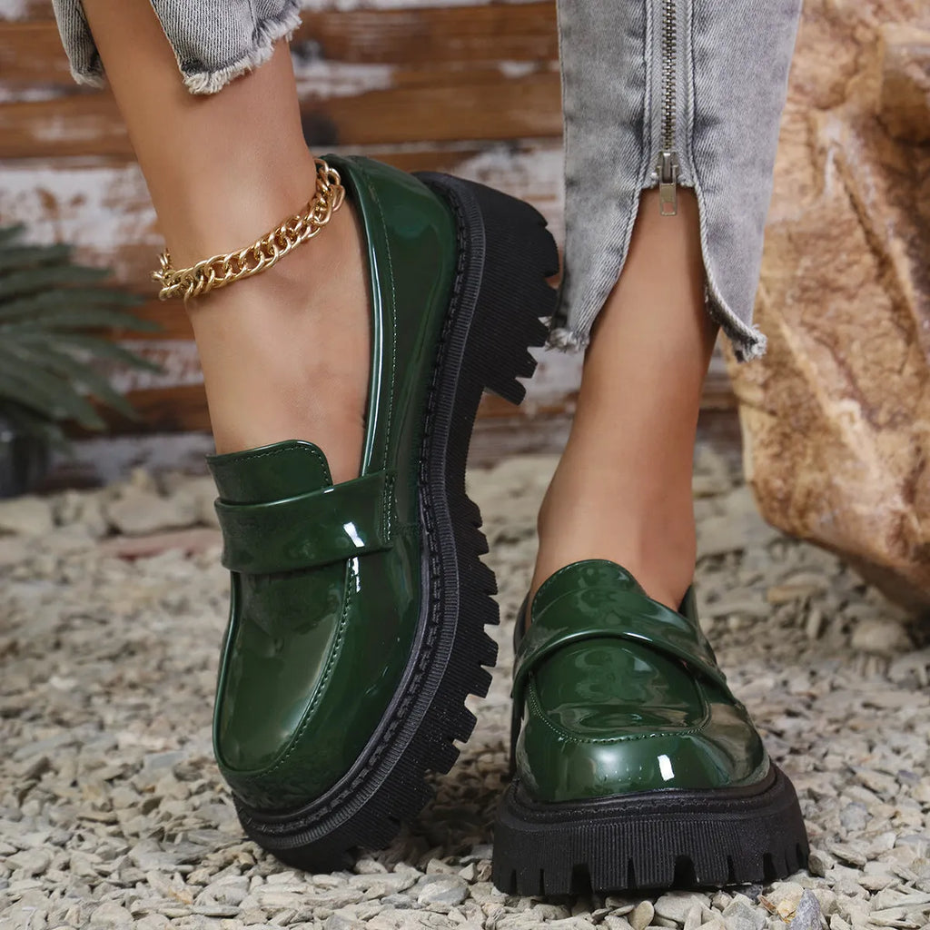 British style plus size slip-on loafers with chunky heel in black, green, and wine red.