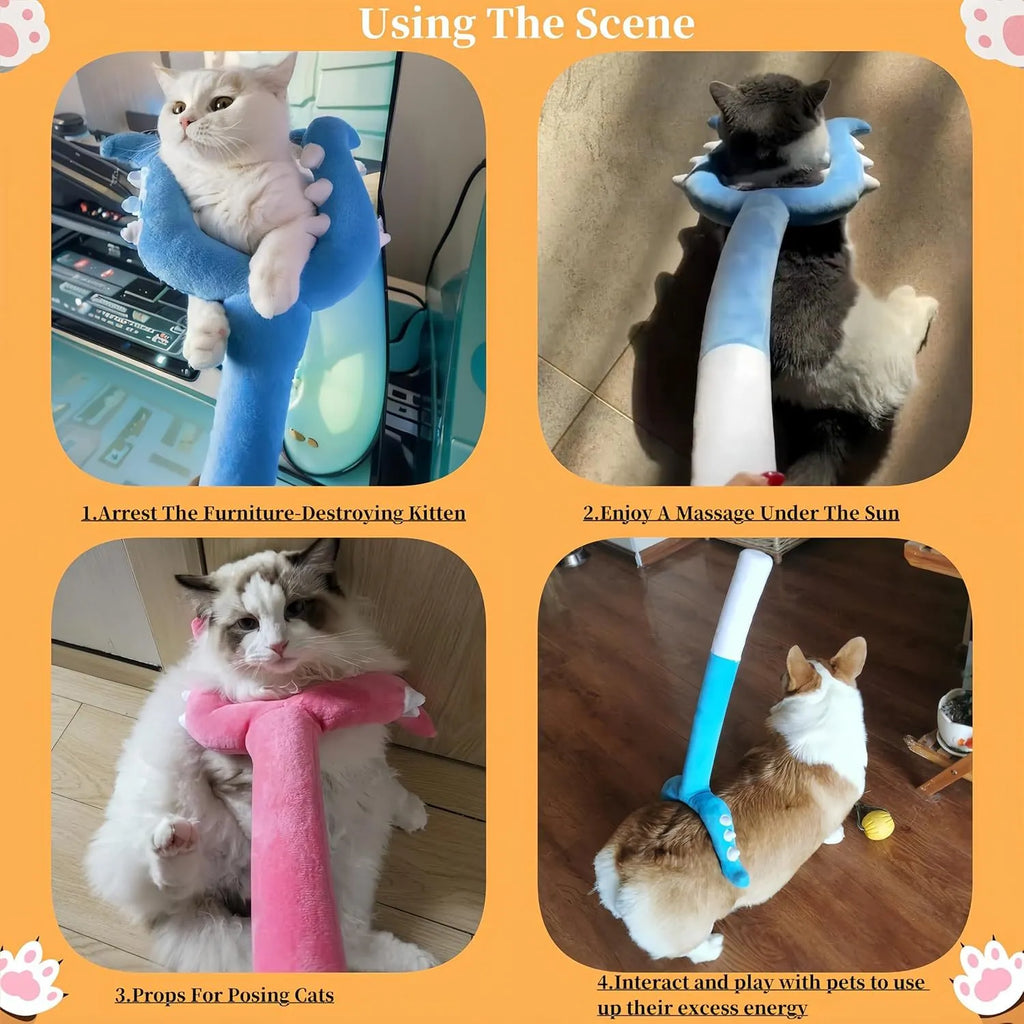 Blue plush cat wand toy with foam filling measuring 70cm length for indoor cat play