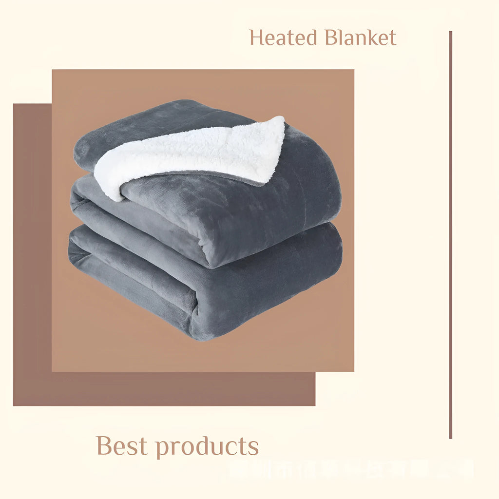 Grey and white USB electric heating blanket with intelligent temperature control, shown on a sofa.