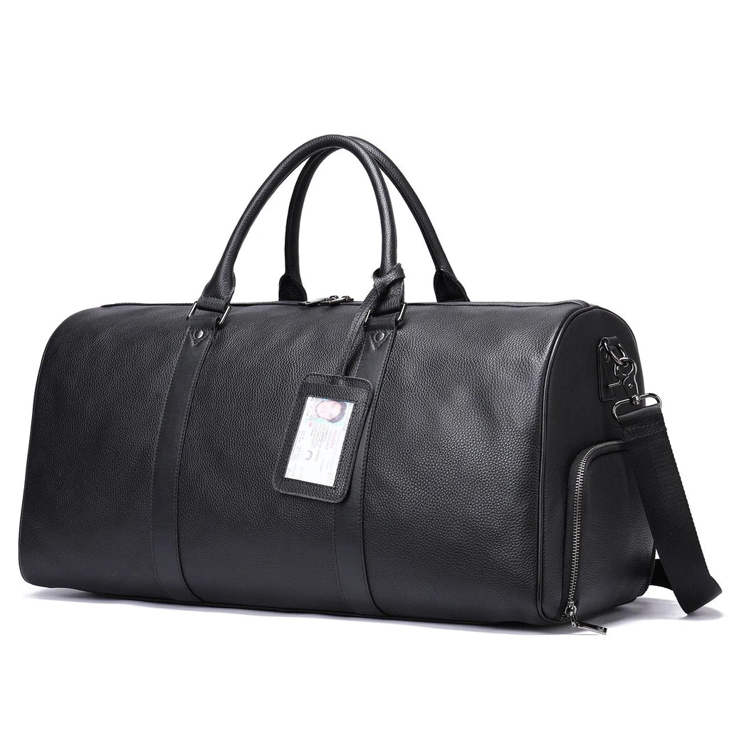 Men's leather excursion tote bag in black or coffee colour showing top-layer cowhide construction