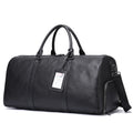 Men's leather excursion tote bag in black or coffee colour showing top-layer cowhide construction