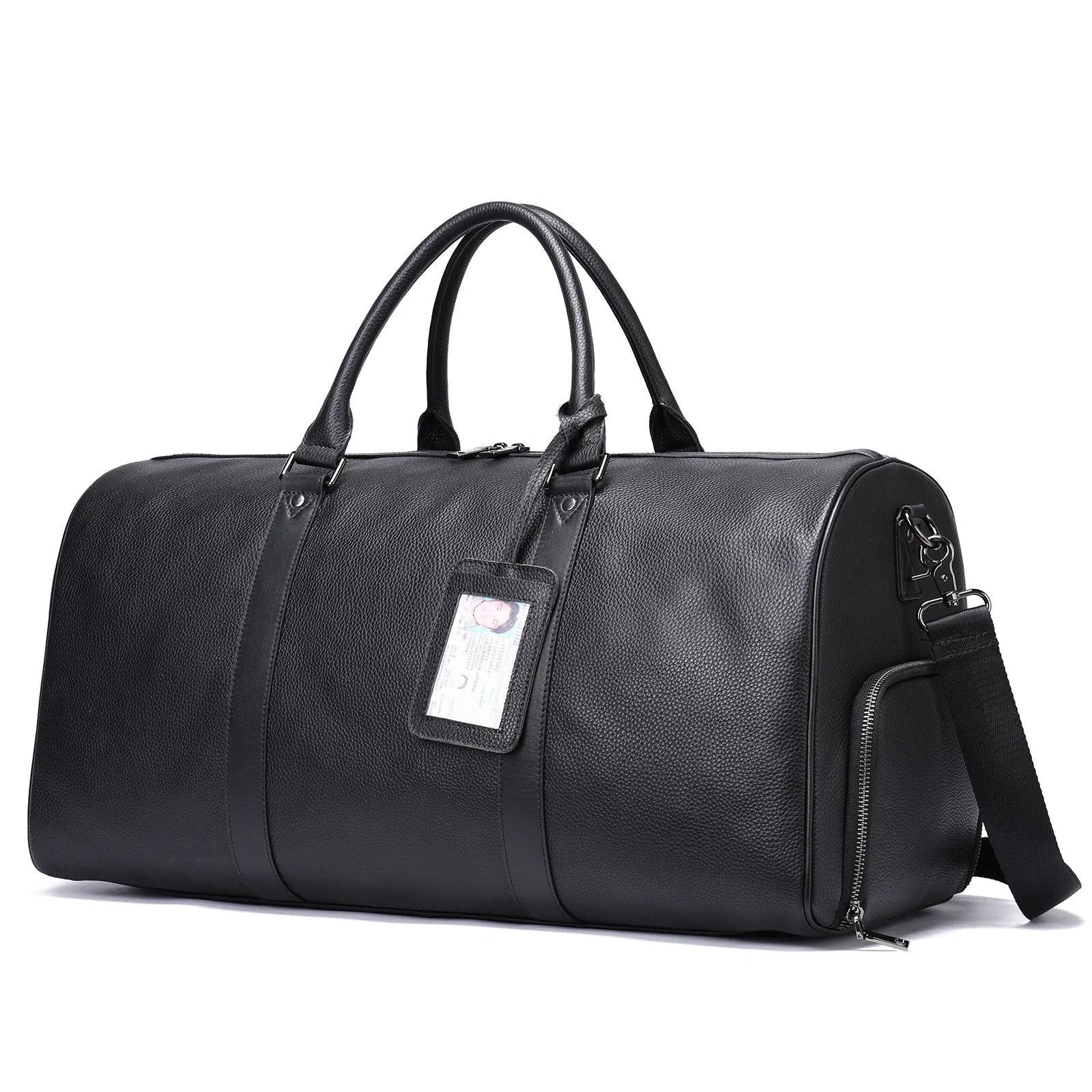 Men's leather excursion tote bag in black or coffee colour showing top-layer cowhide construction