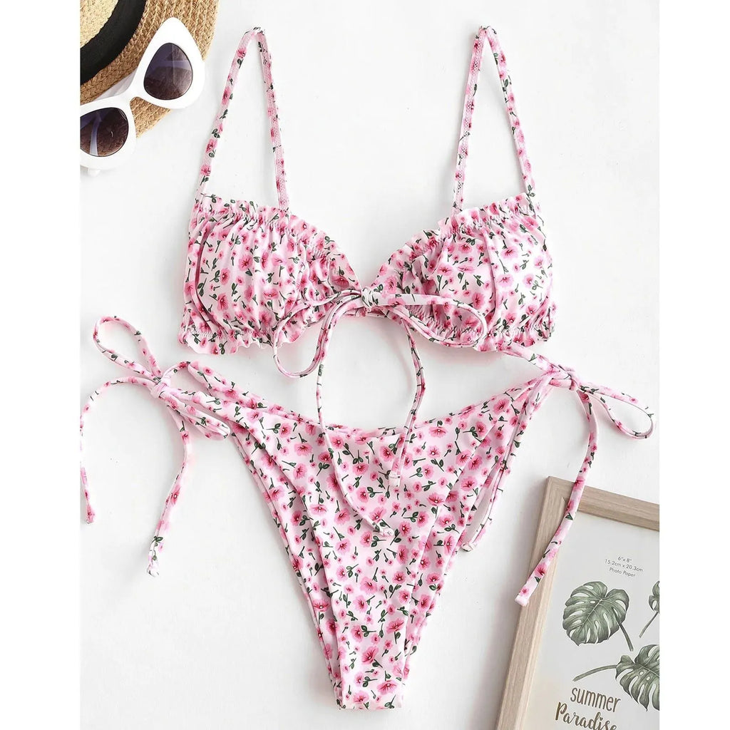 Women's printed multi-rope banded bikini swimsuit with short sleeves and lapel collar