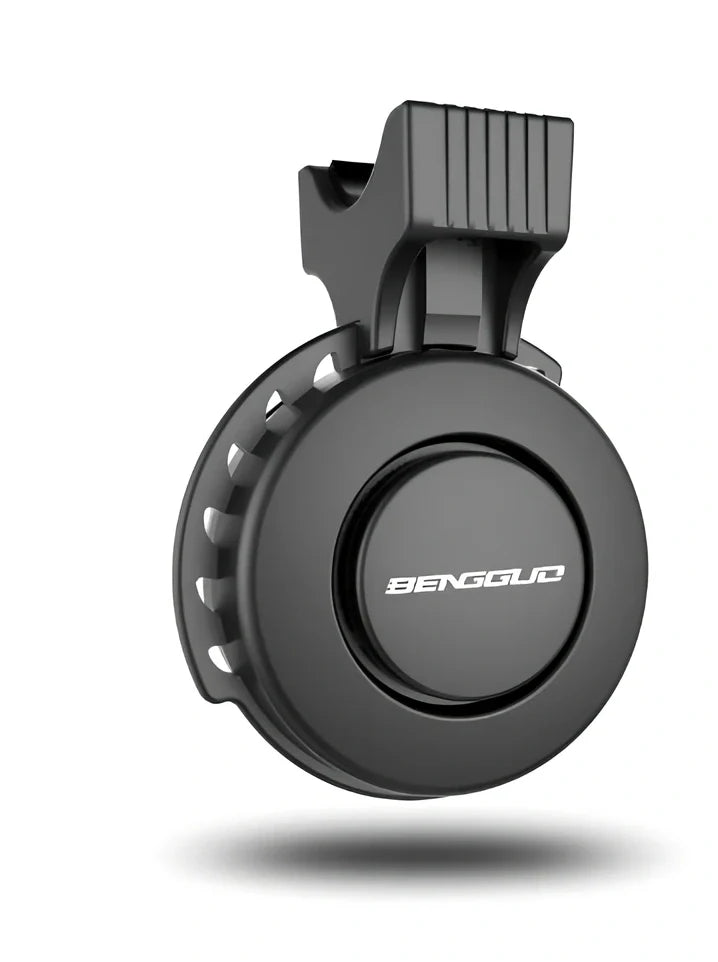 Compact black TWOOC T-002 bicycle electronic horn with wired switch, 110-120dB sound modes, mounted on handlebar via rubber strap