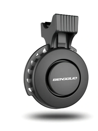 Compact black TWOOC T-002 bicycle electronic horn with wired switch, 110-120dB sound modes, mounted on handlebar via rubber strap